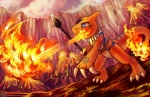 ambiguous_gender fire flaming_tail lava melee_weapon orange_body orange_skin polearm solo spear tail volcanic_eruption volcano weapon haychel nintendo pokemon charmeleon generation_1_pokemon pokemon_(species) reptile scalie digital_media_(artwork) warm_colors