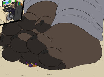 anthro clothed clothing computer duo electronics extreme_size_difference feet foot_fetish foot_lick foot_play gaming licking male male/male micro pawpads paws playing_video_game size_difference stuck_to_foot toes tongue tongue_out sparky_the_chu ailurid hyena mammal red_panda hi_res