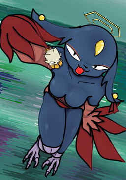 anthro avian_feet black_eyes black_nose blue_body blue_fur breasts cleavage clothed clothing duo ear_piercing eyeshadow female floppy_ears forehead_gem front_view fur gem green_background halo holding_another long_sleeves lop_ears makeup male micro open_mouth piercing pink_clothing pink_eyeshadow prosthetic prosthetic_leg prosthetic_limb pupils red_clothing simple_background slit_pupils tan_body tan_fur thick_thighs wide_hips yellow_clothing canacrow nine_sols red_candle_games goumang_(nine_sols) yi_(nine_sols) felid feline mammal solarian absurd_res hi_res