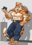 abs anthro belt blue_eyes bottomwear clothing countershading fur male muscular muscular_anthro muscular_male nipples pecs simple_background solo stripes salga_0310 nekojishi studio_klondike lin_hu felid feline mammal pantherine tiger digital_media_(artwork) hi_res