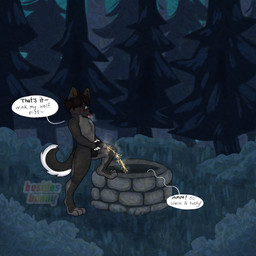 anthro balls biped bodily_fluids dialogue erection eyewear fluffy fluffy_tail forest forest_background fur genital_fluids genitals glasses hair male nature nature_background nude on_one_leg peeing peeing_on_another penis plant relieved solo speech_bubble standing steam steamy_breath tail text tongue tongue_out tree urine urine_stream watersports well besidesbunny brayan_(a-doss) canid canine canis mammal wolf 1:1 colored digital_drawing_(artwork) digital_media_(artwork) english_text hi_res