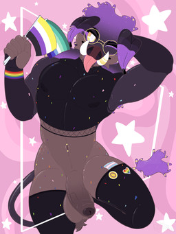 accessory anthro ball_tuft balls beard big_balls big_penis black_body black_fur blep bottomless bottomless_anthro bottomless_male brown_body brown_fur cheek_tuft clothed clothing confetti crop_top curly_hair dreadlocks ear_piercing ear_ring ear_scar eyewear facial_hair facial_tuft femboy fingers fishnet_clothing fishnet_topwear flaccid flag flag_(object) floppy_ears foreskin fur genitals glasses hair hair_accessory hand_behind_head holding_flag holding_object humanoid_genitalia humanoid_penis intersex_pride_colors jewelry legwear lgbt_pride looking_at_viewer lying male mane markings mostly_nude multicolored_body multicolored_hair navel navel_piercing nipple_outline nipples nonbinary_pride_colors nude on_back one_eye_closed penis piercing pride_color_accessory pride_color_flag pride_colors purple_hair raised_arm ring_piercing scar sharp_teeth shirt simple_background slim small_waist smile snout solo star sticker stickers_on_body stockings tail teeth thigh_highs tight_clothing tongue tongue_out topwear transgender_pride_colors tuft tusks two_tone_body two_tone_hair two_tone_tail vein veiny_penis vincian_pride_colors wink winking_at_viewer yellow_eyes retrobeastto lgbt_pride_month beastto_(retrobeastto) mammal suid suine sus_(pig) wild_boar 3:4 absurd_res digital_media_(artwork) hi_res shaded simple_shading nonbinary_(lore)