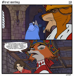 anthro black_facial_markings black_markings black_nose border cheek_tuft clothed clothed_anthro clothed_female clothed_human clothed_male clothing countershade_face countershade_fur countershading crown crown_jewels dialogue displeased ears_flat etiquette eyebrows eyelashes facial_markings facial_tuft fangs feather_hands feathers female female_anthro frown fully_clothed fully_clothed_anthro fully_clothed_female fully_clothed_human fully_clothed_male fur gem gold_(metal) gold_crown group head_markings headdress headgear iris kokoshnik light_body light_skin male male_anthro male_human markings mouth_closed name_drop name_in_dialogue nobleman noblewoman open_mouth page_number pupils royalty sitting snout speech_bubble standing stone_wall teeth text title torch tuft wall_(structure) whiskers white_border yellow_eyes sir_paulus disney robin_hood_(disney) lady_kluck lisabeth_(lord_paulus) pavel_(sir_paulus) prince_john avian bird canid canine canis chicken felid feline fox galliform human lion mammal pantherine phasianid artist_name comic english_text hi_res
