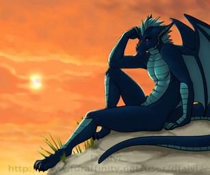 4_toes 5_fingers anthro biped blue_body blue_skin claws cloud collarbone day feet fingers hair horn inner_ear_fluff looking_aside looking_at_viewer male membrane_(anatomy) membranous_wings nude outside pose scales side_view sitting sky solo sun tail toes tuft wings dtalvi mythology dragon mythological_creature mythological_scalie scalie