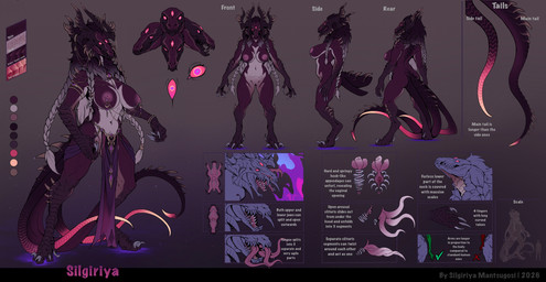 anthro areola biped breasts butt claws clothed clothed_anthro clothed_female clothing feet female fingers front_view genitals hair horn navel nipples nude nude_anthro nude_female rear_view simple_background solo standing tail text toes vulva silgiriya_mantsugosi monster concept_art english_text hi_res model_sheet