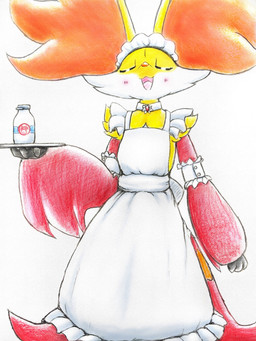 anthro blush blush_lines clothing eyes_closed female fur holding_object inner_ear_fluff maid_uniform moomoo_milk multicolored_body open_mouth orange_body orange_fur red_body red_fur simple_background solo tongue tuft uniform white_body white_fur yellow_body yellow_fur eiroru nintendo pokemon canid canine delphox generation_6_pokemon mammal pokemon_(species) 2026 3:4 graphite_(artwork) hi_res traditional_media_(artwork)