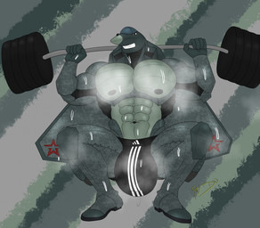 abs aircraft anthro big_bulge black_clothing black_jockstrap black_underwear bodily_fluids bulge cameo clothed clothing crouching exercise jockstrap jockstrap_only machine male male_focus muscular muscular_male musk pecs red_eyes russian smile solo striped_jersey sweat topless underwear underwear_only vehicle weightlifting weights workout nexusdeathclaw adidas su-57 ivan_tikhomirov_(domizoni) aeromorph living_aircraft living_machine living_vehicle 2024 digital_drawing_(artwork) digital_media_(artwork) hi_res