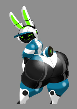 anthro big_breasts big_butt black_body blue_clothing blue_leotard blue_tail blush breasts butt clothing electronics empty_eyes eyebrows female footwear green_blush green_eyebrows green_eyes green_inner_ear green_mouth grey_background hat headgear headphones headset headwear huge_butt huge_hips leotard looking_at_viewer looking_back looking_back_at_viewer machine rear_view scut_tail shoes short_tail simple_background smile smiling_at_viewer solo tail thick_thighs white_clothing white_ears white_footwear white_hat white_headset white_headwear white_shoes wide_hips mrdreamcatch_er project_turboblast tempo_(project_turboblast) animal_humanoid humanoid lagomorph leporid mammal rabbit robot robot_anthro 2026 colored digital_media_(artwork) hi_res shaded