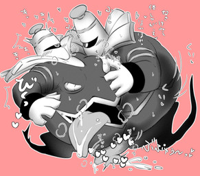 1_eye 5_fingers animal_genitalia animal_penis belly belly_mouth big_hands blush bodily_fluids cum cumshot drooling duo ejaculation erection fingers frottage genital_fluids genitals grey_body hand_on_pec heart_eyes heart_symbol levitation male male/male markings midair moobs nipple_fetish nipple_play open_mouth overweight overweight_male penile penis penises_touching saliva sex stripes sweat sweatdrop tapering_penis text thick_arms tongue tongue_out nobunaga49 nintendo pokemon dusknoir generation_4_pokemon ghost humanoid pokemon_(species) spirit 2021 colored digital_media_(artwork) hi_res japanese_text translation_request