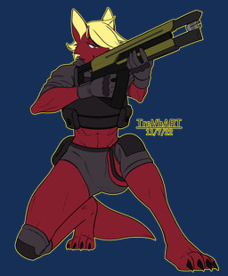 abs blonde_hair bottomwear claws clothing crop_top feet female fur gloves gun hair handwear hotpants knee_pads kneeling muscular muscular_female paws ranged_weapon red_body red_fur riding_crop shirt shorts tactical_wear topwear weapon whip trevhart mythology myka canid canine canis mammal mythological_canine mythological_creature werecanid werecanine werecreature werewolf wolf hi_res