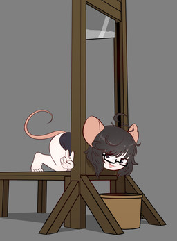 5_fingers 5_toes anthro bangs barefoot basket blade bottomless bottomless_female clothed clothing container execution eyewear feet female fingers gesture glasses guillotine hair hand_gesture imminent_death kneeling looking_at_viewer messy_hair smile solo toes tongue tongue_out v_sign e254e ririgaki mammal murid murine rat rodent absurd_res hi_res