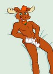 anthro antlers bed briefs briefs_only brown_body brown_fur clothed clothing facial_hair finger_in_underwear fur furniture goatee green_hair hair hand_in_underwear hand_on_crotch horn male navel open_mouth orange_hair seductive smile solo teeth_showing text tighty_whities tongue_showing topless underwear underwear_only white_briefs white_clothing white_underwear smallfryspy paxton deer mammal moose new_world_deer hi_res