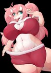 anthro big_breasts blue_eyes breasts cleavage_cutout clothed clothed_anthro clothing curvy_figure cutout ear_piercing female fur hair horn looking_at_viewer partially_clothed piercing pink_body pink_hair pulling_down_pants solo tail tongue tongue_out voluptuous voluptuous_female wide_hips hako_niwashi mythology dragon furred_dragon furred_scalie mythological_creature mythological_scalie scalie wingless_dragon alpha_channel