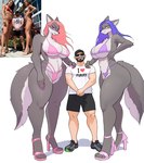 anthro beard big_breasts big_tail breasts claws clothing eyewear facial_hair female footwear glasses group hair hand_on_shoulder hat headgear headwear high_heels larger_female male shirt shoes simple_background size_difference smaller_male smile swimwear t-shirt tail tall text text_on_clothing text_on_shirt text_on_topwear thick_thighs topwear trio white_background kinhey canid canine canis human mammal wolf absurd_res digital_media_(artwork) english_text full-length_portrait hi_res portrait reference_image