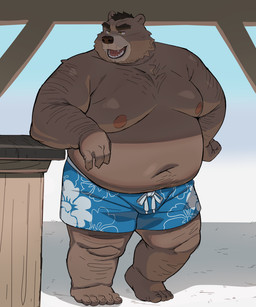 anthro beach belly big_belly butt clothed clothing fur hair kemono leaning leaning_on_table light male mature_anthro moobs navel nipples overweight overweight_anthro overweight_male smile solo swimming_trunks swimwear thick_thighs topless moki_(artist) bear mammal 2026 5:6 colored digital_drawing_(artwork) digital_media_(artwork) full-length_portrait hi_res lighting portrait shaded