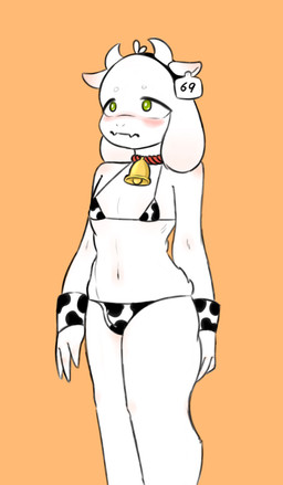animal_print animal_print_bikini anthro bell bell_collar bikini bikini_bottom bikini_top bulge clothed clothing collar cow_print cow_print_bikini cowbell crossdressing detailed_bulge ear_piercing ear_tag femboy male micro_bikini pattern_bikini pattern_clothing pattern_swimwear piercing shota solo string_bikini swimwear two-piece_swimsuit young young_anthro young_male hobakgoguma undertale undertale_(series) asriel_dreemurr boss_monster_(undertale) bovid caprine goat mammal hi_res
