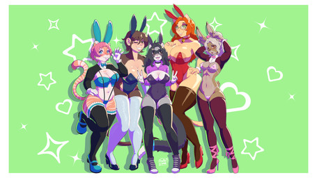 :0 :3 :d ahoge anthro ballerina_shoes big_breasts big_butt blonde_hair blue_clothing blush breasts brown_body brown_fur brown_hair bunny_costume butt choker choker_bell clothing converse_shoes costume cute_fangs eyewear fake_ears fake_rabbit_ears fangs female footwear freckled_face freckles fur garter_straps gesture glasses grey_body grey_fur grey_hair group hair hand_gesture hand_on_breast high_heels huge_breasts jewelry lace_stockings legwear leotard looking_at_viewer necklace orange_body orange_fur orange_hair pink_clothing pink_hair pink_hair_bow pose purple_clothing red_clothing reverse_bunny_costume shoes slightly_chubby smile sparkles sparkling_clothing standing stiletto_heels stockings straps striped_body stripes teeth thick_thighs thigh_highs thong underwear v_sign yellow_body yellow_fur rathilene charlotte_(mozes.ipg) kaoi_(kareca) katrina_fowler kylie_(nakedpistol) miraly domestic_cat domestic_ferret felid feline felis haplorhine hare lagomorph leporid mammal monkey mustelid musteline pantherine primate tiger true_musteline weasel 16:9 4k absurd_res hi_res pinup wallpaper widescreen