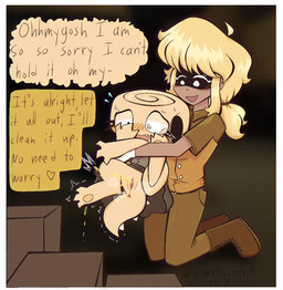aged_down anthro apology blonde_hair blurred_background blush bodily_fluids boots bottomwear brown_bottomwear brown_clothing brown_pants clitoris clothing comic_panel constricted_pupils duo female female/female footwear genital_fluids genitals hair holding_another omorashi pants pawpads peeing ponytail pupils reassuring shaking shoes small_pupils spiked_tail spikes spikes_(anatomy) spiral spiral_eyes sweat sweatdrop tail tan_body tan_skin trembling urine vulva watersports young anomalousfeast blushcrunch_studio dandy's_world roblox shannon_mendez_(dandy's_world) shelly_(dandy's_world) cephalopod human mammal marine mollusk toon_(dandy's_world) 2025 digital_media_(artwork) hi_res