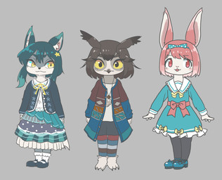 4_fingers ambiguous_anthro ambiguous_gender anthro beak big_eyes biped blue_clothing blue_footwear blue_shoes blush bottomwear brown_hair clothed clothed_ambiguous clothed_anthro clothed_female clothing dress eyebrow_through_hair eyebrows eyelashes eyelashes_through_hair female fingers footwear fully_clothed fully_clothed_ambiguous fully_clothed_anthro fully_clothed_female fur fur_tuft glistening glistening_eyes grey_background grey_body grey_fur grey_tuft group hair inner_ear_fluff jewelry kemono leg_markings legs_together legwear looking_aside looking_at_viewer markings mouth_closed multicolored_body multicolored_clothing multicolored_dress multicolored_fur multicolored_shirt multicolored_topwear no_pupils no_sclera open_mouth pendant pink_ears pink_hair pupils red_eyes shirt shoes simple_background socks standing tail tail_markings teal_clothing teal_dress teal_ears teal_eyebrows teal_hair topwear translucent translucent_hair trio tuft two_tone_body two_tone_fur two_tone_tail white_body white_clothing white_footwear white_sclera white_socks yellow_eyes young young_ambiguous young_anthro young_female medlichan suzuna-chan_(medlichan) avian bird domestic_cat felid feline felis lagomorph leporid mammal owl rabbit 2018 absurd_res concept_art digital_drawing_(artwork) digital_media_(artwork) flat_colors hi_res