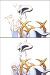 ambiguous_gender blush interspecies petting pokephilia size_difference teasing ranabysson nintendo pokemon ych_(character) arceus generation_4_pokemon human legendary_pokemon mammal pokemon_(species) absurd_res hi_res