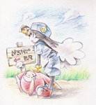 anthro arrow_sign bottomwear clothing cloud direction_sign directional_arrow duo footwear gloves grass handwear hat headgear headwear location_sign long_ears male plant planted_sign shirt shoes shorts sign signpost t-shirt topwear wood wood_sign x_eyes rito_(artist) bandai_namco klonoa_(series) klonoa domestic_cat felid feline felis mammal moo_(klonoa) 2008 low_res traditional_media_(artwork)