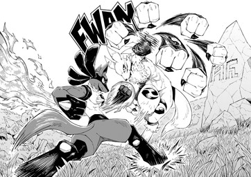 3_fingers abs action_pose angry anthro arm_tuft armwear athletic aura battle biceps big_breasts biped black_body black_claws black_fur black_nose black_sclera breasts bridal_gauntlets butt cheek_tuft chest_tuft claws clothed clothed/nude clothing countershade_torso countershading curvy_figure deltoids dialogue double_tomoe duo ears_back ears_up facial_markings facial_tuft female fight fingers fist fur fur_markings grass head_markings ink jumping larger_female leg_markings logo long_ears long_tale looking_at_another looking_down looking_up male markings mask_(marking) motion_lines muscular muscular_female muscular_male navel neck_tuft nude onomatopoeia outside paws pecs pivoted_ears plant pose punch raised_leg rock running shoulder_tuft simple_background size_difference sky smaller_male sound_effects spikes spread_legs spreading text thick_thighs thigh_markings tomoe_(symbol) triceps tuft tuft_ears white_background white_body white_countershading white_fur wide_hips yin_yang trejoshurtado bandai_namco digimon nintendo pokemon digimon_(species) generation_4_pokemon generation_5_pokemon golurk lucario pokemon_(species) renamon absurd_res black_and_white comic crossover greyscale hi_res monochrome shaded