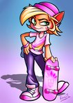 4_fingers anthro beanie blonde_hair bottomwear clothing female fingers footwear fur green_eyes hair hat headgear headwear pants shirt simple_background skateboard smile solo tomboy topwear vehicle kevintrentin activision crash_bandicoot_(series) aku_aku coco_bandicoot totally_tubular_coco mammal marsupial 2020 absurd_res hi_res signature