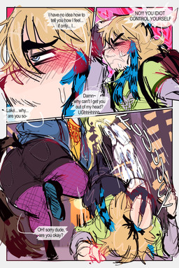 anthro backpack black_body black_fur blonde_hair blue_highlights blush blush_lines bottomwear brown_body brown_fur clothing dialogue duo eyes_closed fishnet_clothing fishnet_legwear footwear fur hair half-closed_eyes highlights_(coloring) hoodie hotpants legwear male markings multicolored_body multicolored_fur narrowed_eyes onomatopoeia raccoon_tail_hair shoes shorts shortstack shortstack_male slightly_chubby slightly_chubby_anthro slightly_chubby_male sneakers sound_effects speech_bubble striped_markings striped_tail stripes stubble tail tail_markings text tied_ears topwear two_tone_body two_tone_fur gat0pussy24 demi_(gat0pussy24) lake_(gat0pussy24) lagomorph leporid mammal procyonid rabbit raccoon comic english_text hi_res nonbinary_(lore)