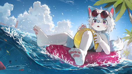 anthro ball beach_ball detailed_background eyewear glasses inflatable kemono male pawpads round_glasses solo water mag_inu canid canine mammal 16:9 4k absurd_res hi_res widescreen