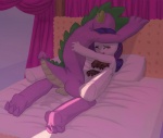 anthro anthrofied balls bed blush bodily_fluids breasts canopy_bed duo eyes_closed female food food_fetish food_play furniture genitals horn inside interspecies kneeling male male/female on_bed pillow sex sweat tail carniscorner friendship_is_magic hasbro my_little_pony mythology rarity_(mlp) spike_(mlp) dragon equid equine mammal mythological_creature mythological_equine mythological_scalie scalie unicorn