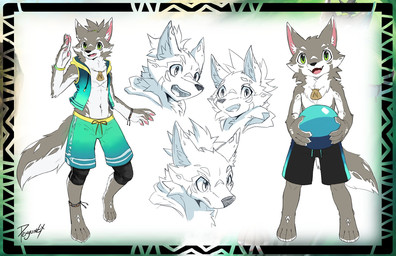 4_toes anklet anthro arm_tuft ball barefoot black_bottomwear black_clothing black_pants blue_bottomwear blue_clothing blue_pants bottomwear chibi claws clothed clothing countershade_feet countershading elbow_tuft feet fur glistening glistening_eyes green_bottomwear green_clothing green_eyes green_pants grey_body grey_fur grey_hair hair holding_ball holding_object jewelry looking_at_viewer male navel necklace open_clothing open_mouth open_topwear pants pawpads paws pink_pawpads plantigrade short_hair simple_background solo toes topless topwear tuft white_body white_fur penguinexperience noah_(penguinexperience) canid canine canis mammal wolf expression_sheet hi_res signature