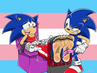 5_toes anthro barefoot bdsm blue_body bodily_fluids bondage bound breasts clothed clothing countershade_feet countershading cuff_(restraint) dominant dominant_male feet female foot_fetish foot_focus gloves handwear humanoid_feet laugh leather leather_cuffs legs_up lgbt_pride male plantigrade pride_colors restraints sitting smile soles solo stocks submissive submissive_female tears tickle_torture tickling tickling_feet toe_restraints toes transgender_pride_colors skoufidios sega sonic_the_hedgehog_(series) sonic_the_hedgehog eulipotyphlan hedgehog mammal 4:3 trans_(lore)