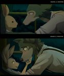 anthro black_bars buckteeth cheek_tuft duo eye_contact facial_tuft fur grey_body grey_fur head_tuft looking_at_another open_mouth open_smile screencap_redraw smile teeth tuft streetfair beastars haru_(beastars) legoshi_(beastars) canid canine canis domestic_rabbit dwarf_rabbit lagomorph leporid mammal oryctolagus rabbit wolf 2021 hi_res letterbox