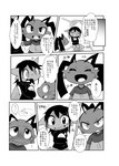 absurd_res antennae_(anatomy) anthro blush clothed clothing comic dialogue dion_(doneru) doneru duo embarrassed fangs greyscale hair hi_res holding_object japanese_text levor looking_at_another mammal monochrome scalie shirt simple_background smile tail teeth text topwear translated white_background young young_anthro