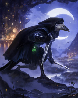 ambiguous_gender anthro beak cloak clothing dagger feathers light melee_weapon moonlight night outside potion sneaking solo weapon paul_scott_canavan avian bird corvid corvus_(genus) crow oscine passerine hi_res