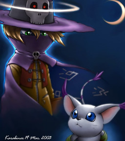 ambiguous_gender anthro blonde_hair blue_background blue_eyes crescent_moon duo ear_tuft fur green_eyes hair halo moon simple_background tail tail_tuft text tuft white_body white_fur year karabiner bandai_namco digimon digimon_(species) felid gatomon mammal wizardmon 2003 artist_name signature