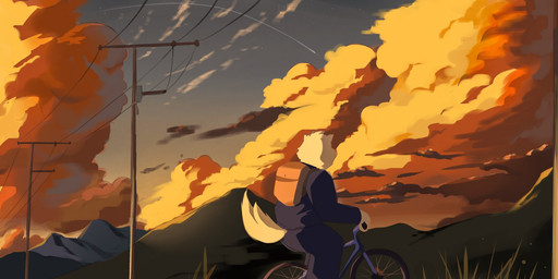 anthro backpack bicycle bottomwear brown_body brown_fur clothing detailed_background fur kemono outside pants shirt sitting solo topwear vehicle vinpq canid canine canis domestic_dog mammal 2021 hi_res