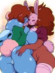2020 3:4 amber_eyes anthro anus barely_visible_genitalia barely_visible_pussy big_breasts blue_body blue_fur bottomless breasts brown_body brown_fur brown_hair butt butt_grab cleavage clothed clothing collar curvy_figure deedine_(geeflakes) digital_media_(artwork) duo eyes_closed female female/female freckles fur geeflakes geeflakes_(character) genitals grope hair hand_on_butt heart_nose heart_symbol hi_res lagomorph legwear leporid looking_back mammal multicolored_hair partially_clothed pink_nose pussy rabbit simple_background slightly_chubby sweater thick_thighs topwear two_tone_hair voluptuous watermark wide_hips
