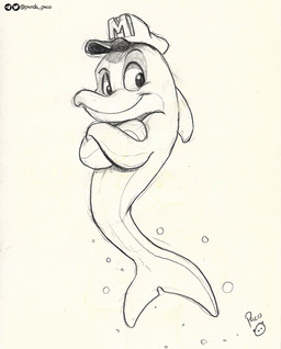 bubble closed_smile clothing dorsal_fin feral fin glistening glistening_eyes hat headgear headwear logo looking_at_viewer male male_feral mouth_closed simple_background smile solo toony pandapaco aquatic cetacean dolphin mammal toothed_whale artist_logo monochrome signature sketch