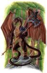 anthro armor axe battle_axe claws detailed_background digitigrade forest horn long_tail melee_weapon outside plant solo spread_wings standing tail tree weapon wings yami_griffin mythology dragon mythological_creature mythological_scalie scalie 2003