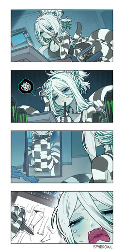 5_fingers anthro apode beverage beverage_can big_breasts black_body black_bottomwear black_clothing black_scales black_shirt black_shorts black_tail black_tank_top black_topwear blue_clothing blue_eyes bodily_fluids bottomwear breasts chair cleavage clothed clothed_anthro clothed_female clothing crying discarded_clothing dolphin_shorts drawing_(action) drawing_tablet electronics emanata energy_drink eyebrows eyelashes eyes_closed fangs female female_humanoid fingers frustrated frustration_cloud furniture hair hair_bun hand_on_hip hand_on_own_hip humanoid_hands legless long_hair messy_hair midriff mirror monitor mouth_closed multicolored_body multicolored_bottomwear multicolored_clothing multicolored_scales multicolored_shorts navel office_chair pupils reflection scales serpentine shirt shorts slit_pupils solo speech_bubble split_form stylus sweat sweaty_face tail tank_top tears teeth topwear two_tone_body two_tone_bottomwear two_tone_clothing two_tone_scales two_tone_shorts two_tone_tail ventral_scales white_body white_bottomwear white_clothing white_eyebrows white_hair white_scales white_shorts white_skin white_tail sparrowl monster_energy youtube ivy_(sparrowl) animal_humanoid draconcopode human humanoid lamia mammal reptile reptile_humanoid scalie scalie_humanoid snake snake_humanoid 2025 absurd_res comic hi_res