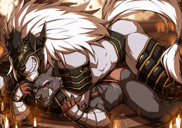 anthro anthro_on_anthro armor biceps big_muscles black_armor claws clothed clothing dominant dominant_male duo finger_claws fur grey_body grey_fur hair headgear helmet larger_male lying male male/male muscular muscular_anthro muscular_male size_difference smaller_male drks elden_ring fromsoftware blaidd_(elden_ring) maliketh_(elden_ring) canid canine canis mammal wolf 2022 absurd_res hi_res