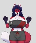 anthro big_breasts blue_hair bottomwear breasts cleavage clothed clothing female fur hair happy huge_breasts midriff red_body red_eyes red_fur shorts smile solo white_body white_fur conditional_dnp devildjmachine mortarionlordofdeath rexi_awoosuko_(devildjmachine) canid canine fox mammal hi_res