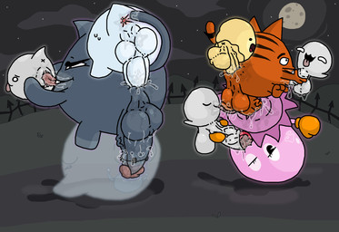 anal anal_penetration anus ball_lick balls blue_body blue_fur bodily_fluids cemetery cervical_contact cleft_lip cunnilingus dipstick_ears dipstick_tail ear_markings emanata erection fellatio female feral foreskin foreskin_play fur gaping gaping_anus genital_fluids genitals gloves_(marking) grass group group_sex handjob iron_bars leg_markings licking male markings moon multicolored_ears oral orange_body orange_fur orgy penetration penile penis penis_in_face plant precum presenting presenting_vulva saliva sex socks_(marking) speech_box spread_anus spreading stitched_penis surgical_suture tail tail_markings throbbing throbbing_penis tongue tongue_in_foreskin translucent translucent_body vaginal vaginal_fluid_string vaginal_fluids vaginal_penetration vulva whiskers yolka bandai_namco mewgenics pac-man_(series) dybbuk_(mewgenics) pinky_(pac-man) sour_puss_(pac-man) felid feline ghost ghost_(find_mii) mammal spirit hi_res