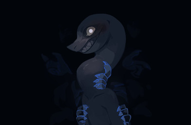 ambiguous_gender anthro black_background disembodied_hand grey_body grey_sclera grin group long_neck nightmare_fuel nude pupils sharp_teeth simple_background smile solo_focus teeth unsigned white_pupils corzh77 reptile scalie snake hi_res