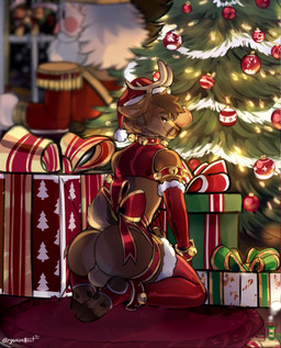 anthro antlers backsack balls bell big_butt bow_ribbon butt choker christmas_clothing christmas_decorations christmas_headwear christmas_lights christmas_tree clothed clothing crop_top femboy genitals gift hat headgear headwear holidays horn jewelry jingle_bell legwear lidded_eyes looking_at_viewer looking_back looking_back_at_viewer male necklace nutcracker partially_clothed plant presenting presenting_hindquarters raised_tail santa_hat shirt sitting snowing_outside solo tail thigh_highs topwear tree ryukoeffect christmas tyson_wildwood deer mammal new_world_deer reindeer hi_res