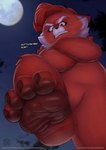 4_toes anthro cheek_tuft claws clenched_teeth crossed_arms dialogue facial_tuft feet female foot_focus frown fur hair looking_at_viewer looking_down macro markings mature_female mole_(marking) moon night nude open_mouth outdoor_nudity outside pawpads red_body red_eyes red_fur sky soles solo star stomping teeth text toe_claws toes tuft kaylafox disney pixar turning_red ming_lee_(turning_red) ailurid mammal red_panda 2022 digital_media_(artwork) english_text hi_res