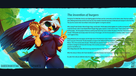 american_flag_bikini anthro areola bikini biped breasts burger clothed clothing detailed_background eyewear feathered_wings feathers female flag_bikini flag_swimwear food open_mouth outside smile solo sunglasses swimwear text thick_thighs two-piece_swimsuit wings sugarlesspaints accipitrid accipitriform avian bird eagle absurd_res hi_res