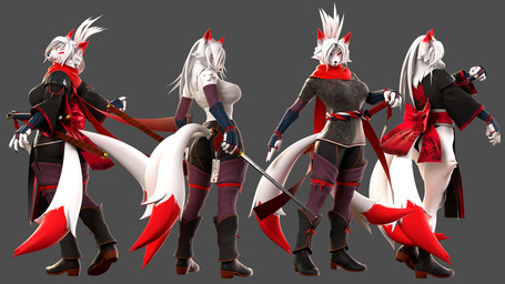 2_tails 5_fingers anthro black_nose boots breasts butt chest_wraps clothed clothed_anthro clothed_female clothing facial_markings female fingers footwear fur hair head_markings humanoid_hands katana markings melee_weapon multi_tail shoes solo standing sword tail thong underwear weapon white_body white_fur white_hair wraps petruz petruz_(modeler) noriko_(petruz) canid canine fox mammal 16:9 3d_(artwork) blender_(artwork) digital_media_(artwork) hi_res widescreen