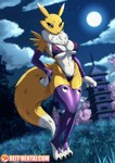 anthro armwear big_breasts black_sclera blue_eyes breasts clothed clothing female fur legwear looking_at_viewer nipple_outline skimpy solo white_body white_fur yellow_body yellow_fur reit bandai_namco digimon digimon_(species) renamon 2025 digital_media_(artwork) hi_res